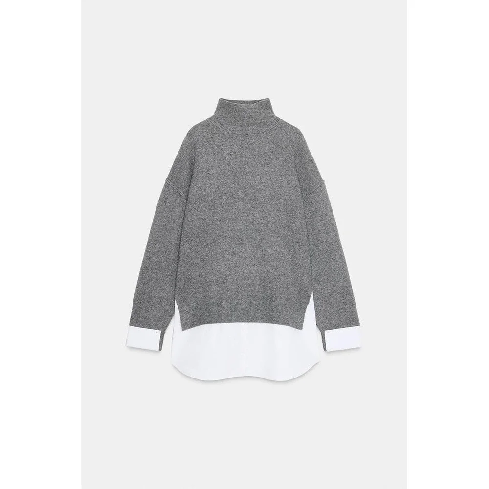 Zara Turtleneck Sweater & Layered Poplin Shirt NWT Sz L Gray Wool Blend Relaxed - Picture 3 of 10
